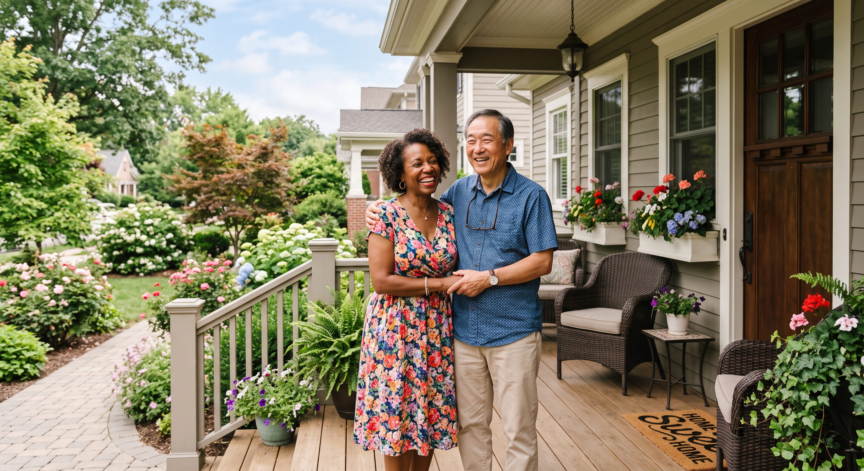 A retired couple laughing together at home